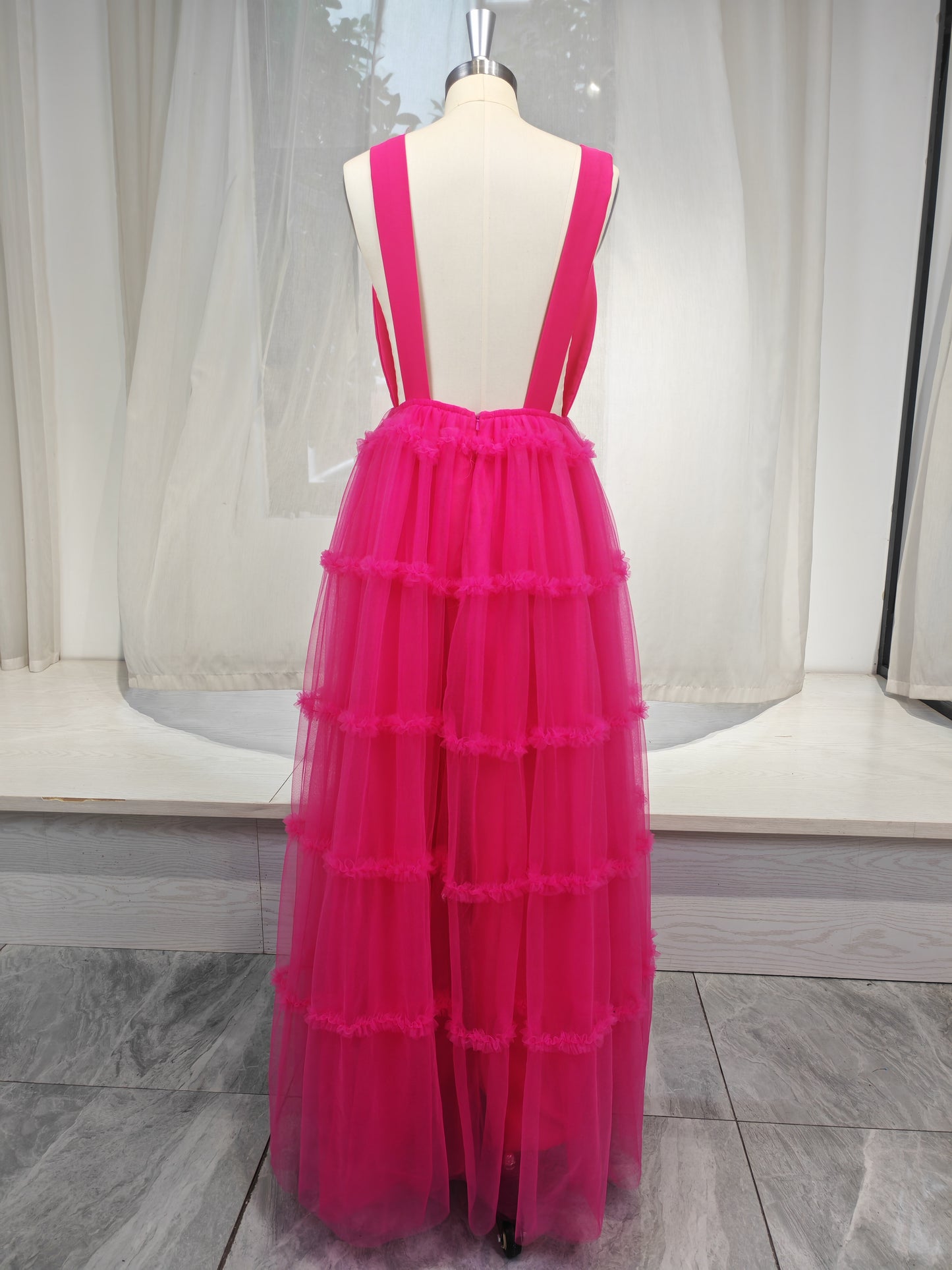 Hot Pink Tulle Tiered Plunging V-Neck Open Back Floor-Length Dress - Aabei Dress