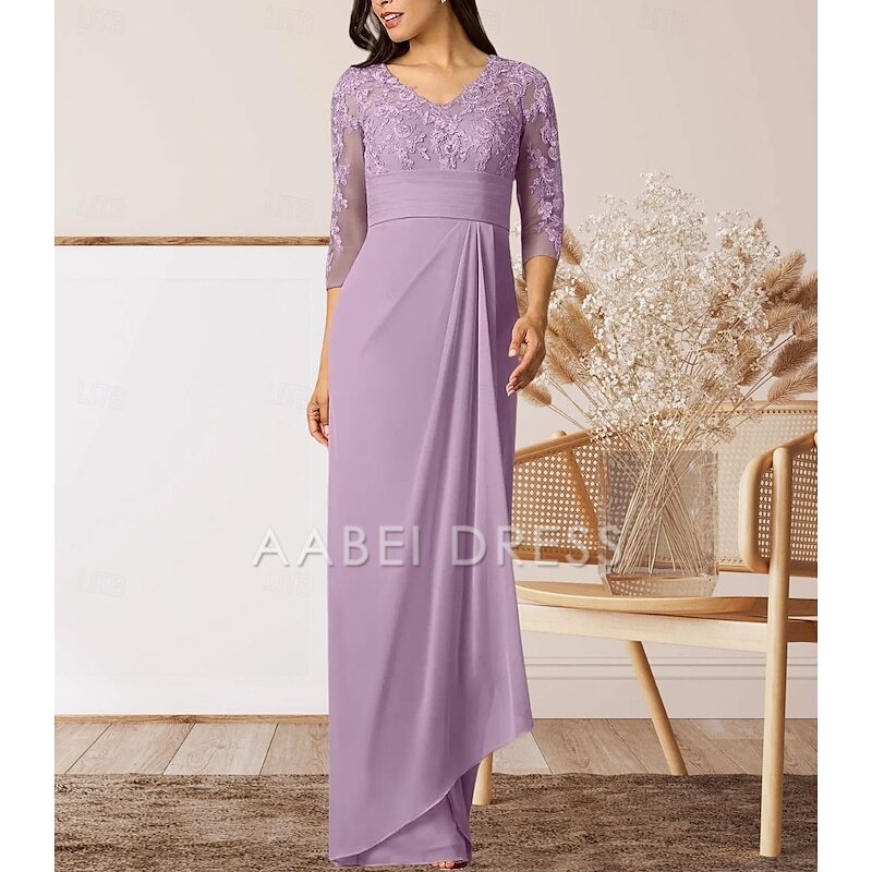 AABEI DRESS Wedding Guest Dress Elegant Sheath V Neck 3/4 Length Sleeve High Split Floor Length with Ruffles Appliques Ruching Mother of the Bride Dress