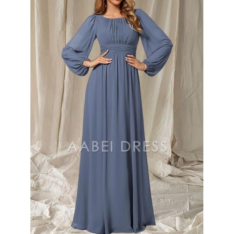 AABEI DRESS Wedding Guest Dress Elegant A-Line Crew Neck Long Sleeve Floor Length Chiffon Ruching Simple Mother of the Bride Dress