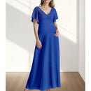 AABEI DRESS Wedding Guest Dress Elegant A-Line V Neck Floor Length Chiffon Short Sleeve with Ruching Simple Mother of the Bride Dress