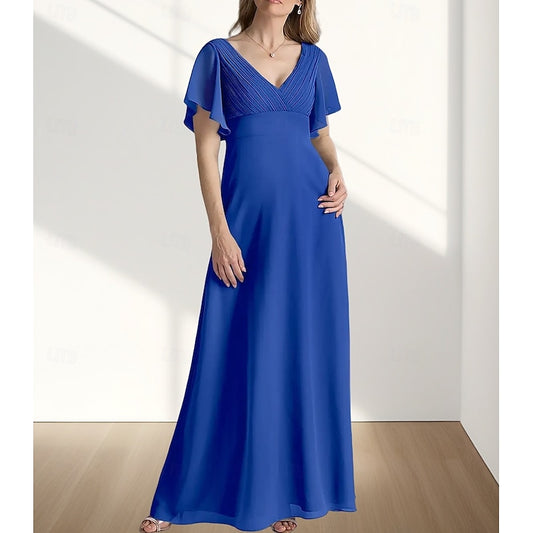 AABEI DRESS Wedding Guest Dress Elegant A-Line V Neck Floor Length Chiffon Short Sleeve with Ruching Simple Mother of the Bride Dress