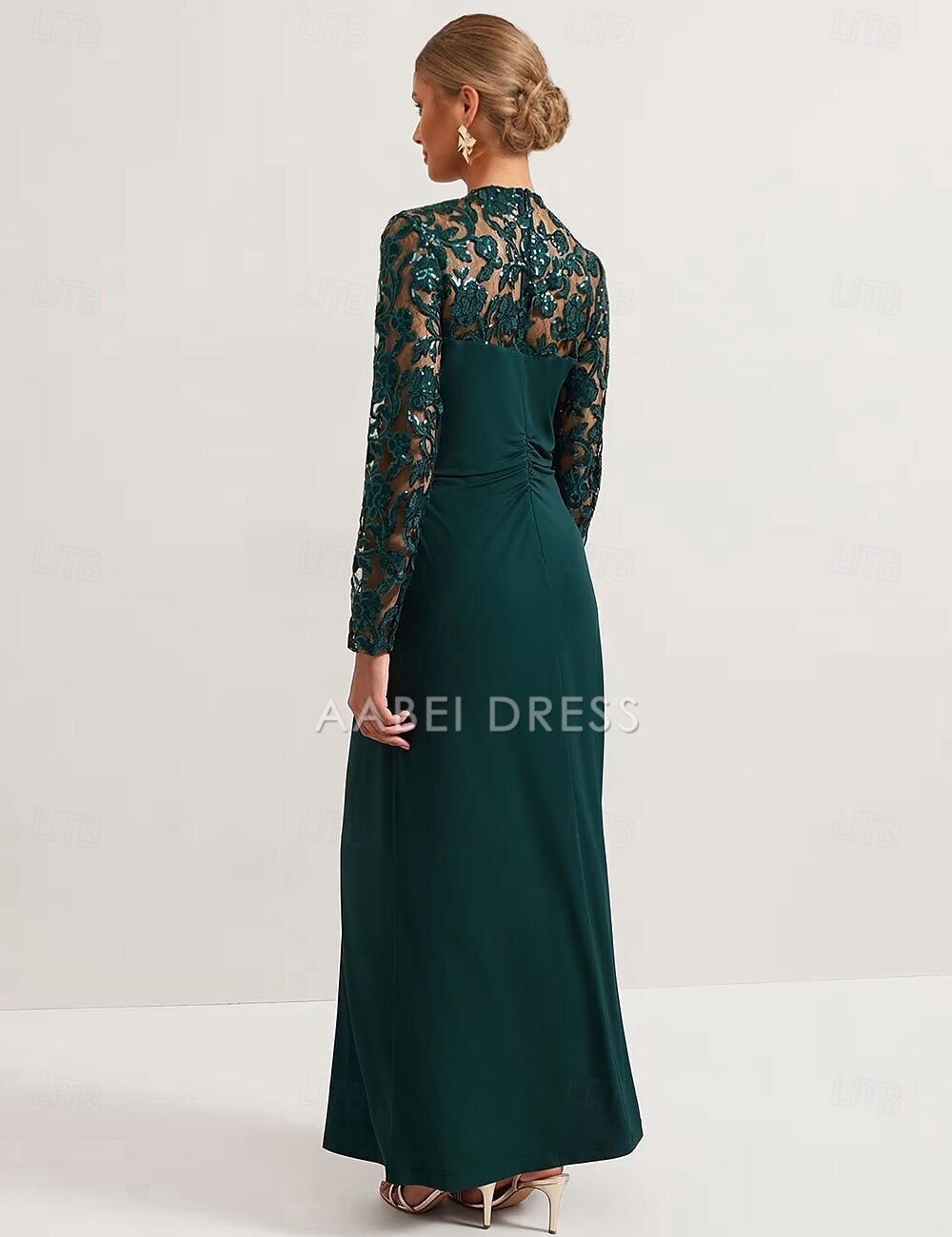 AABEI DRESS Wedding Guest Dress Elegant Sheath V Neck Ankle Length Long Sleeve with Lace Pleats Mother of the Bride Dress
