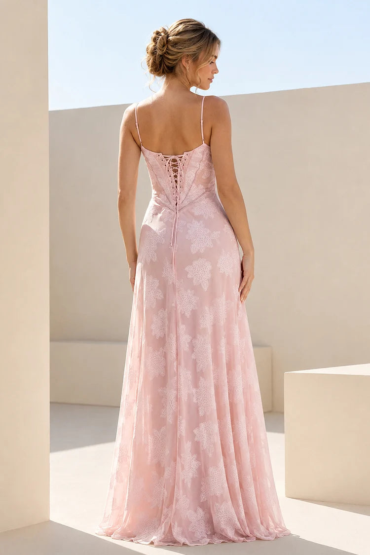 Blush Pink Floral Lace Mermaid Gown Spaghetti Straps Sweetheart Corset Lace-Up Back Formal Dress