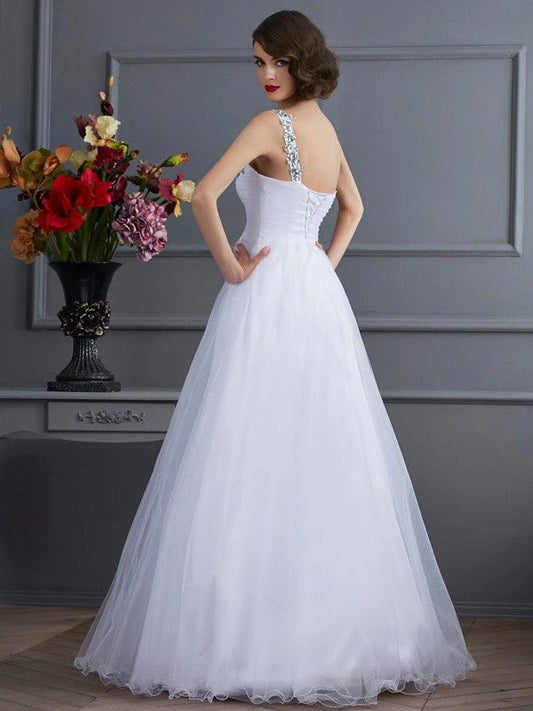 Ball Gown One-Shoulder Sleeveless Beading Long Woven Satin Quinceanera Dresses