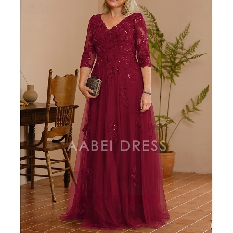 AABEI DRESS Wedding Guest Dress Elegant A-Line V Neck 3/4 Length Sleeve Floor Length Lace Applique Tulle Sparkle Mother of the Bride Dress