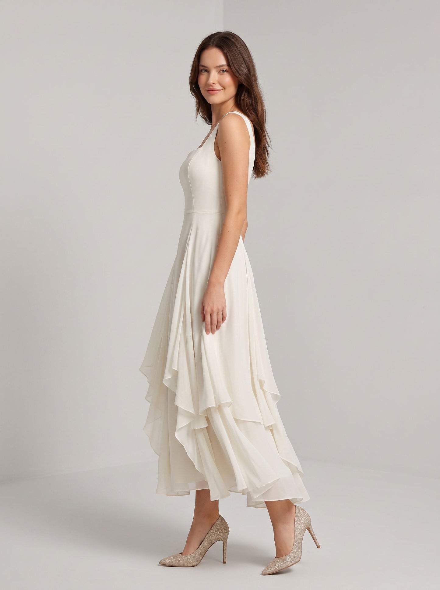 Ivory Chiffon A-Line Square Neck Zipper Back Ankle-Length Dress - Aabei Dress