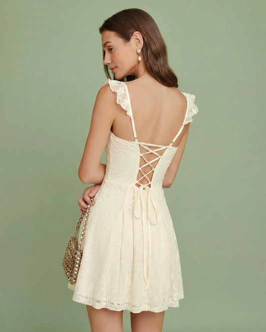 Ivory Lace A-Line Sweetheart Lace-up Back Mini Dress Back View - Aabei Dress