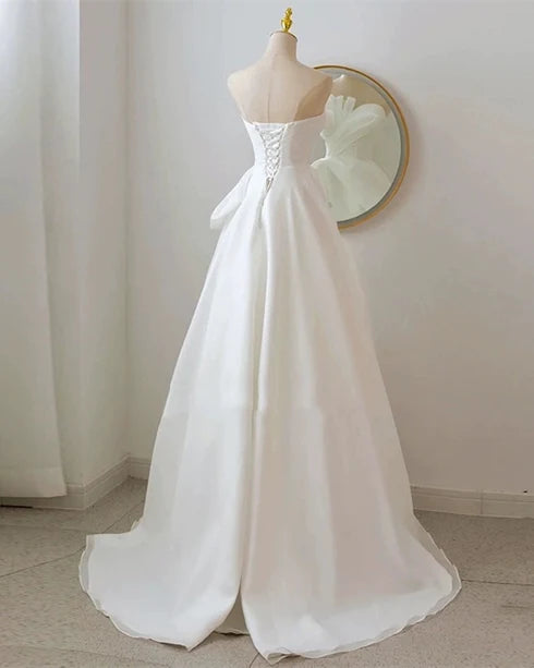 Ivory Organza A-Line Off-the-Shoulder Lace-Up Back Floor-Length Dress Back View - Aabei Dress