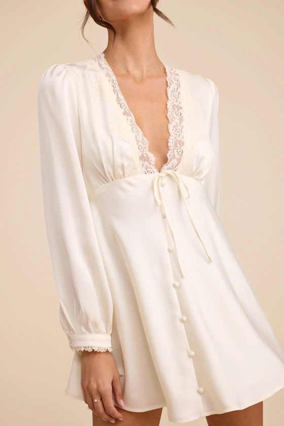 Ivory Satin with Lace Trim A-Line V-Neck Zipper Back Mini Dress - Aabei Dress