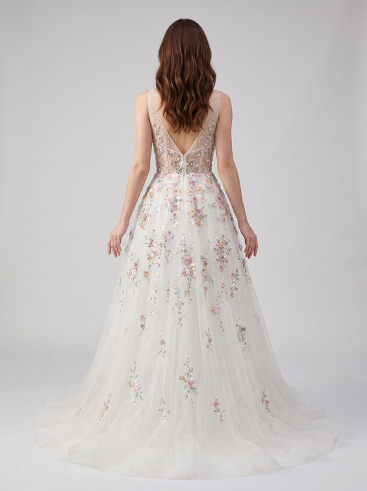 Ivory Tulle A-line Plunging V-Neck V-Back Floor-Length Dress Back View - Aabei Dress