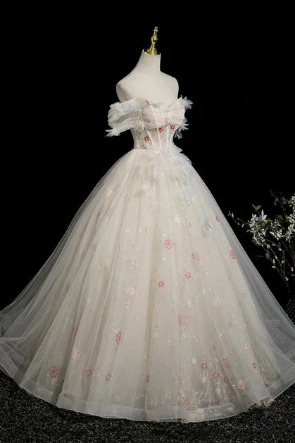 Ivory Tulle Ball Gown Sweetheart Lace-Up Back Floor-Length Dress - Aabei Dress
