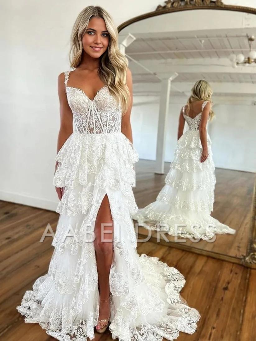 AABEI DRESS A LineTulle Off the Shoulder Sweetheart Tiered Ruffles Prom Dresses With Split Sleeveless Corset Ball Gowns Long Evening Dress
