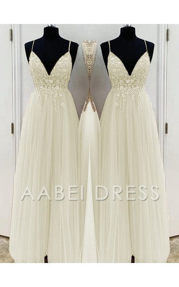 AABEI DRESS High Quality Prom Dresses A-Line Elegant Beading Tulle Spaghetti Straps Sleeveless Floor-Length Dresses
