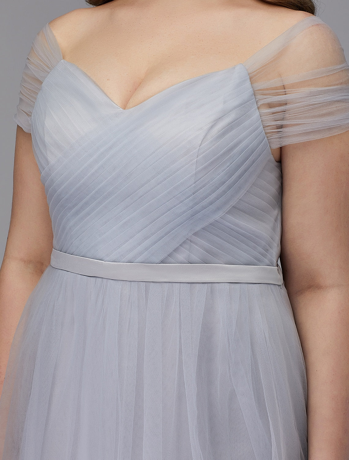 A-Line Elegant Dress Wedding Guest Cocktail Party Tea Length Short Sleeve Off Shoulder Tulle with Sash / Ribbon Cross Evening Dresses