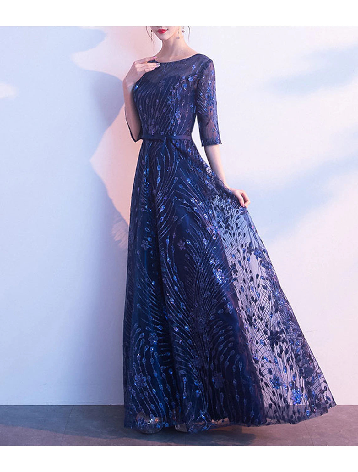 bridesmaid dresses half sleeve Dark Navy Tulle Half Sleeves Off-the-shoulder Bridesmaid Dresses, MBD285
