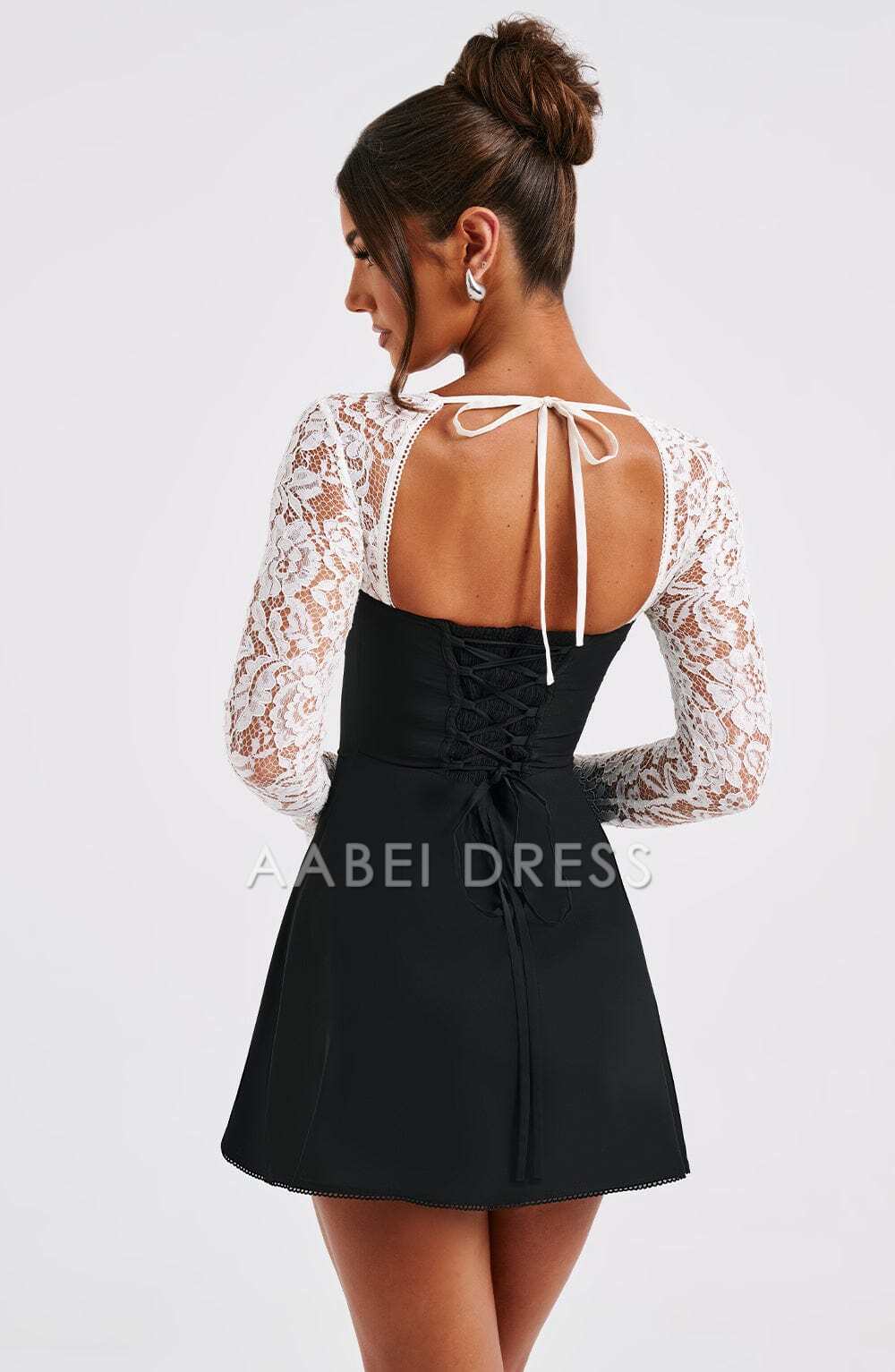 AABEI DRESS Hot Sale Homecoming Dress Retro A Line Long sheer lace sleeves Backless Mini Dress Fashion Short Prom Dresse