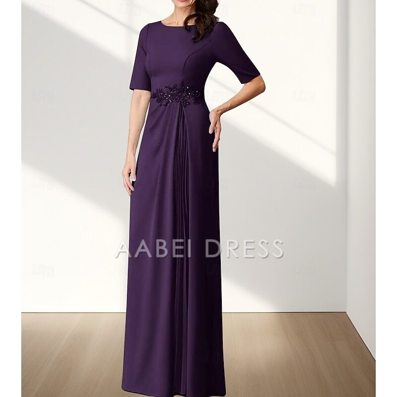AABEI DRESS Wedding Guest Dress Exquisite A-Line Crew Neck Half Sleeve Appliques Ruching Floor Length Elegant Mother of the Bride Dress