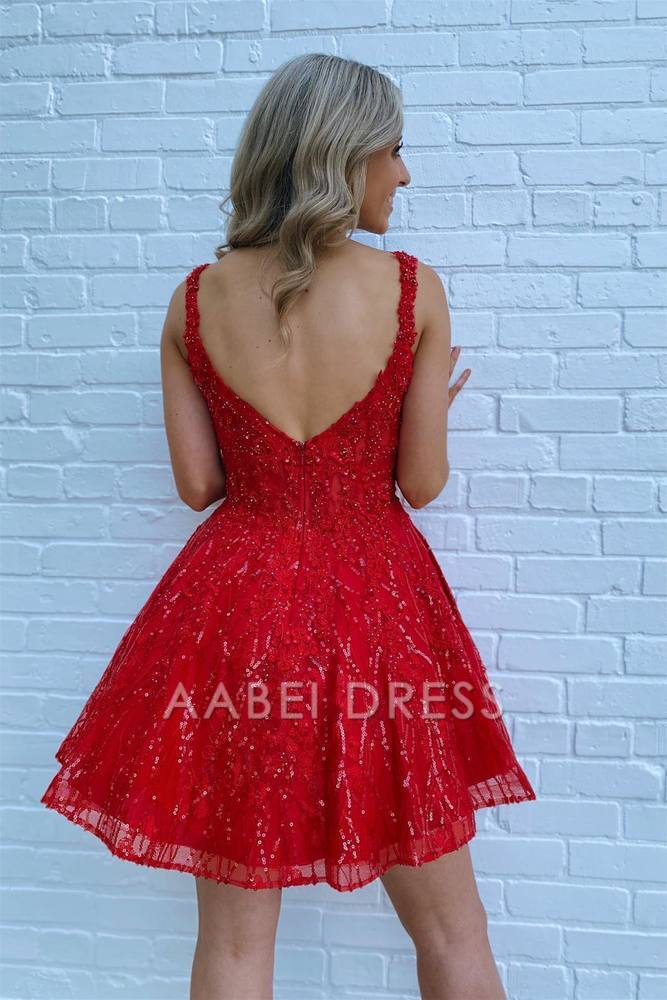 AABEI DRESS New Homecoming Dress A Line Spaghetti Strap Cute Red Sequin Zipper Back Charming Short Prom Dresse