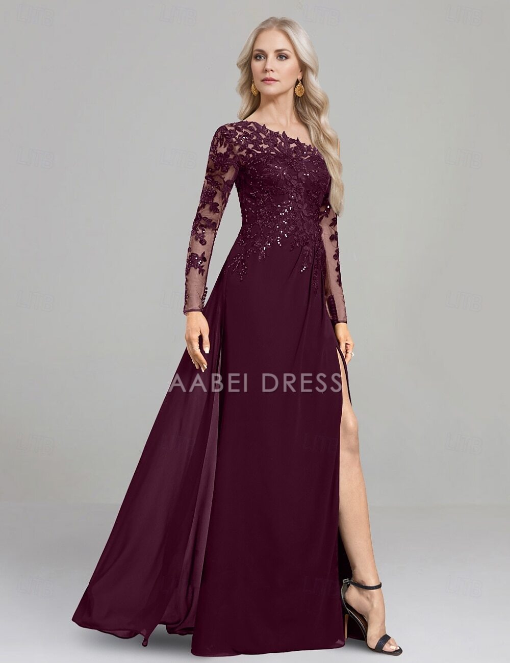 AABEI DRESS Wedding Guest Dress Elegant Sheath One Shoulder Floor Length Side Fork Chiffon Long Sleeve Lace Mother of the Bride Dress