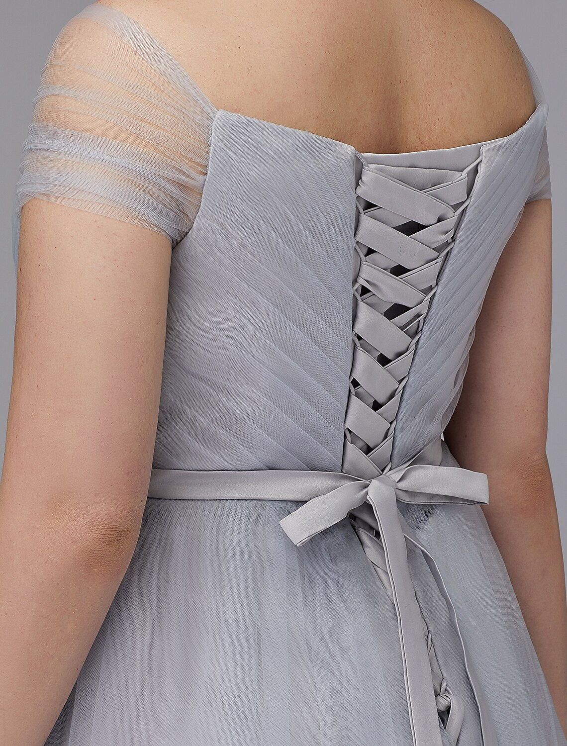 A-Line Elegant Dress Wedding Guest Cocktail Party Tea Length Short Sleeve Off Shoulder Tulle with Sash / Ribbon Cross Evening Dresses