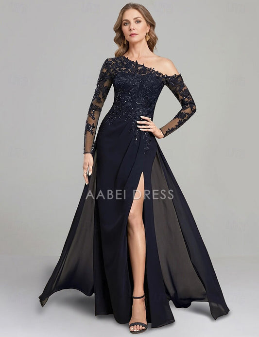 AABEI DRESS Wedding Guest Dress Elegant Sheath One Shoulder Floor Length Side Fork Chiffon Long Sleeve Lace Mother of the Bride Dress