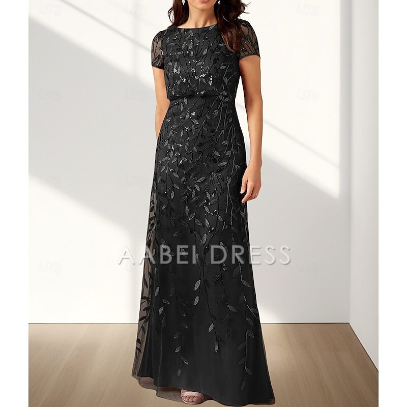 AABEI DRESS Wedding Guest Dress Elegant A-Line Crew Neck Short Sleeve Lace Floor Length Mother of the Bride Dress