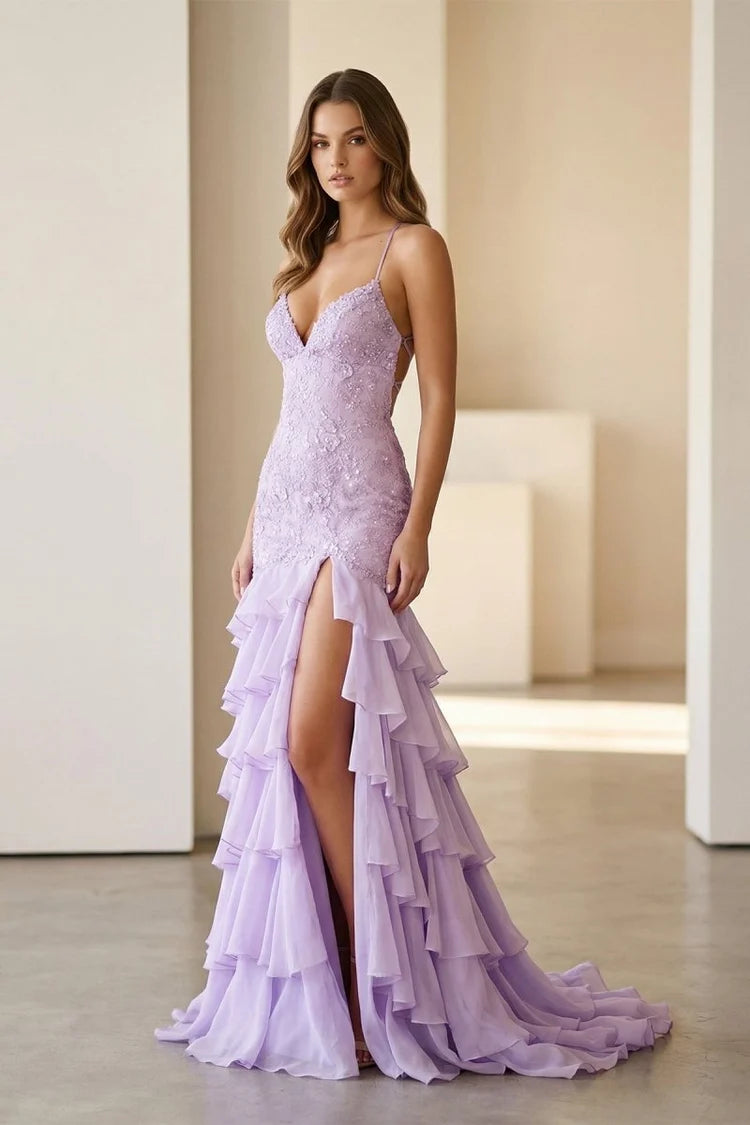 Lavender Spaghetti Strap Mermaid Gown Lace Appliques Tiered Ruffle Slit Lace Up Back Prom Dress