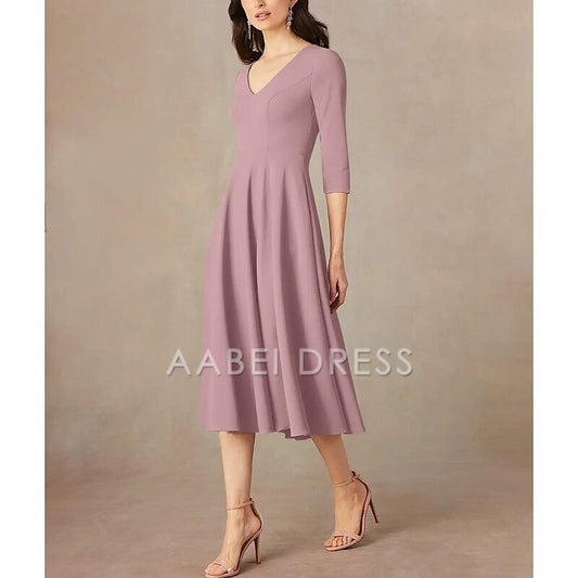 AABEI DRESS Wedding Guest Dress Elegant A-Line V Neck Tea Length 3/4 Length Sleeve Minimalist Mother of the Bride Dress