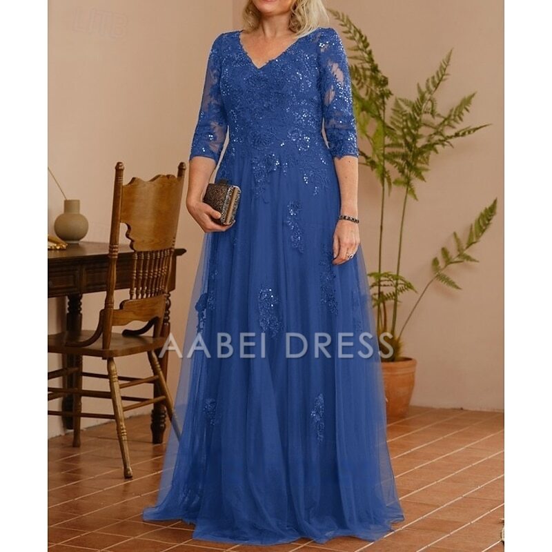 AABEI DRESS Wedding Guest Dress Elegant A-Line V Neck 3/4 Length Sleeve Floor Length Lace Applique Tulle Sparkle Mother of the Bride Dress
