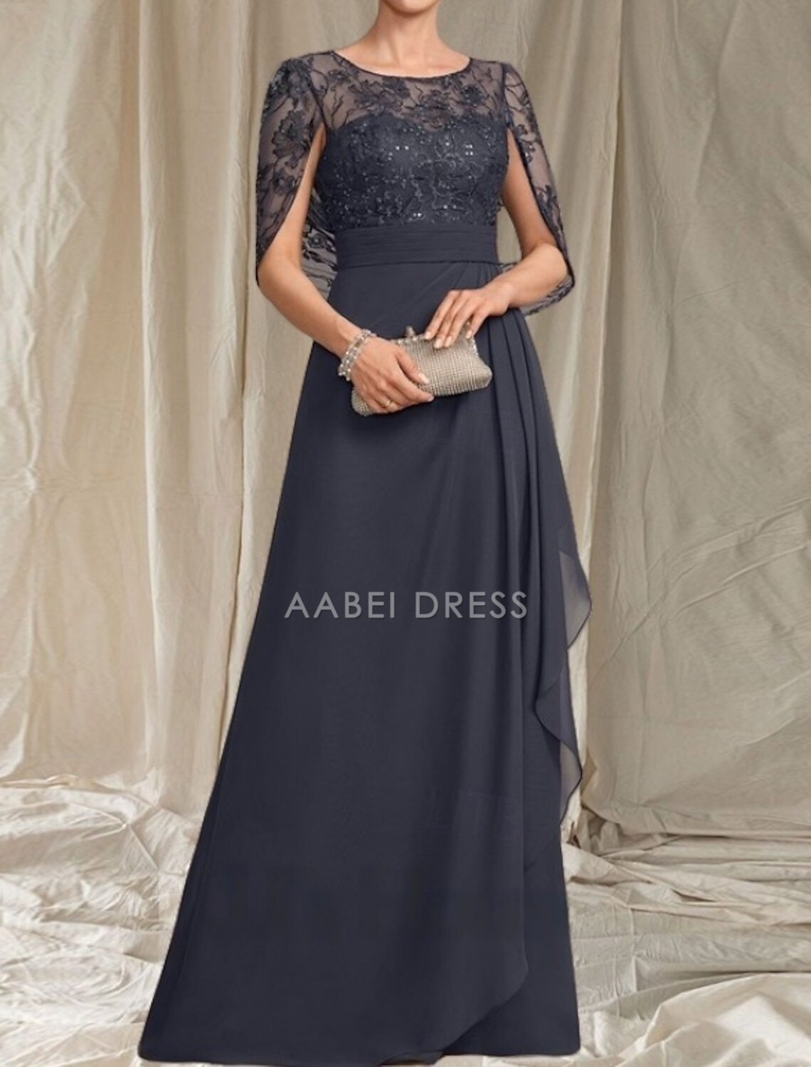 AABEI DRESS Wedding Guest Dress Elegant A-Line Crew Neck Lace Short Sleeve Ruching Floor Length Fashion Mother of the Bride Dress