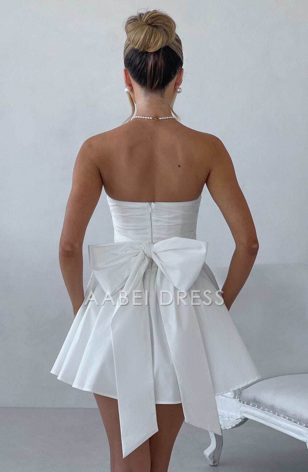 AABEI DRESS Hot Sale Homecoming Dress Simple A Line Strapless Pleated Bow Back Mini Dress Cute Short Prom Dresse