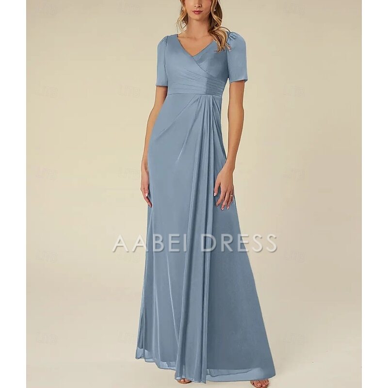AABEI DRESS Wedding Guest Dress Elegant A-Line V Neck Short Sleeve Floor Length Pleated Simple Mother of the Bride Dress