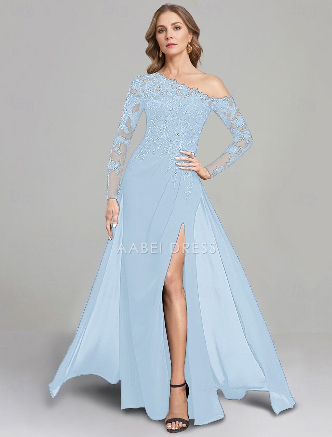 AABEI DRESS Wedding Guest Dress Elegant Sheath One Shoulder Floor Length Side Fork Chiffon Long Sleeve Lace Mother of the Bride Dress