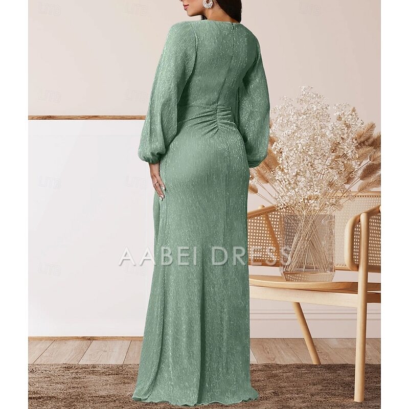 AABEI DRESS Wedding Guest Dress Elegant A-Line V Neck Sweet Floor Length Chiffon Long Sleeve with Ruffles Mother of the Bride Dress