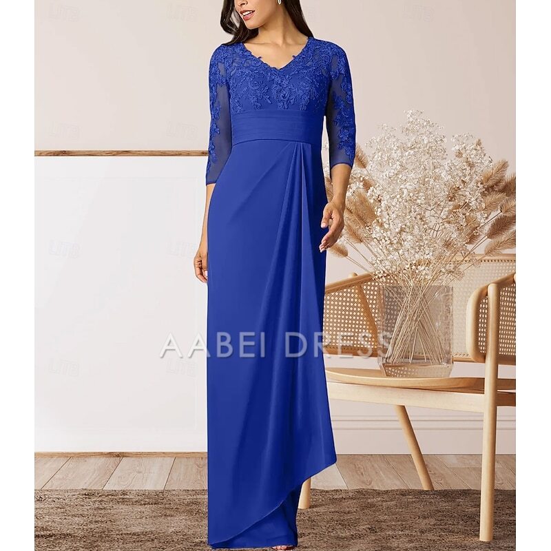 AABEI DRESS Wedding Guest Dress Elegant Sheath V Neck 3/4 Length Sleeve High Split Floor Length with Ruffles Appliques Ruching Mother of the Bride Dress