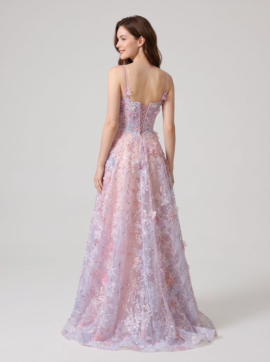Lilac Tulle & Mesh A-Line Sweetheart Lace-Up Back Floor-Length Dress Back View - Aabei Dress