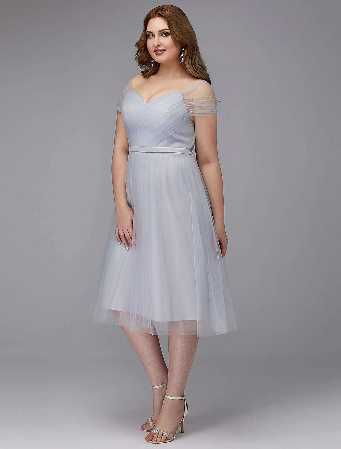 A-Line Elegant Dress Wedding Guest Cocktail Party Tea Length Short Sleeve Off Shoulder Tulle with Sash / Ribbon Cross Evening Dresses