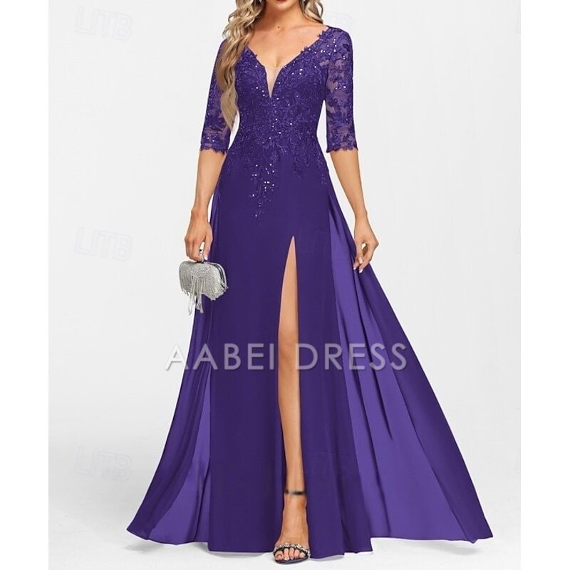 AABEI DRESS Wedding Guest Dress Exquisite A-Line V Neck Half Sleeve with Appliques Split Front Floor Length Mother of the Bride Dress