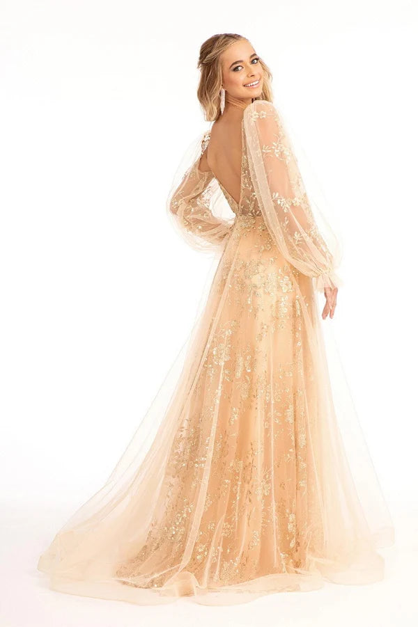 Champagne A-Line V-Neck Puff Sleeve Deep V Back Tulle Prom Gown