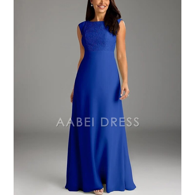 AABEI DRESS Wedding Guest Dress Elegant A-Line Crew Neck Cap Sleeve Floor Length Lace Buttons Simple Mother of the Bride Dress