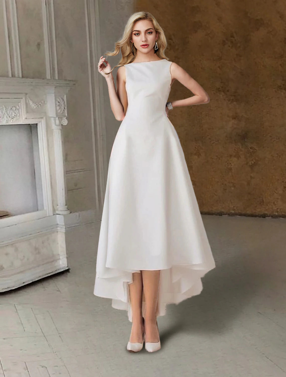 a line high low dress White Satin A-Line High-Low Asymmetrical Hem/High Low Sleeve Size:EU 44 / US 11 Femme Cradle - Halter Bishop + Young