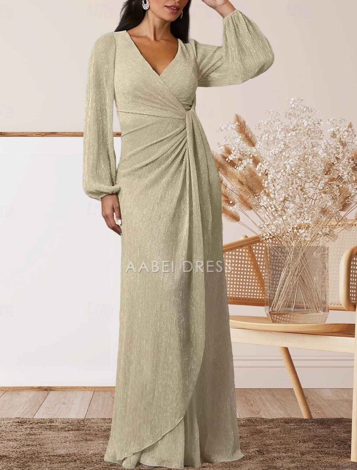 AABEI DRESS Wedding Guest Dress Elegant A-Line V Neck Sweet Floor Length Chiffon Long Sleeve with Ruffles Mother of the Bride Dress