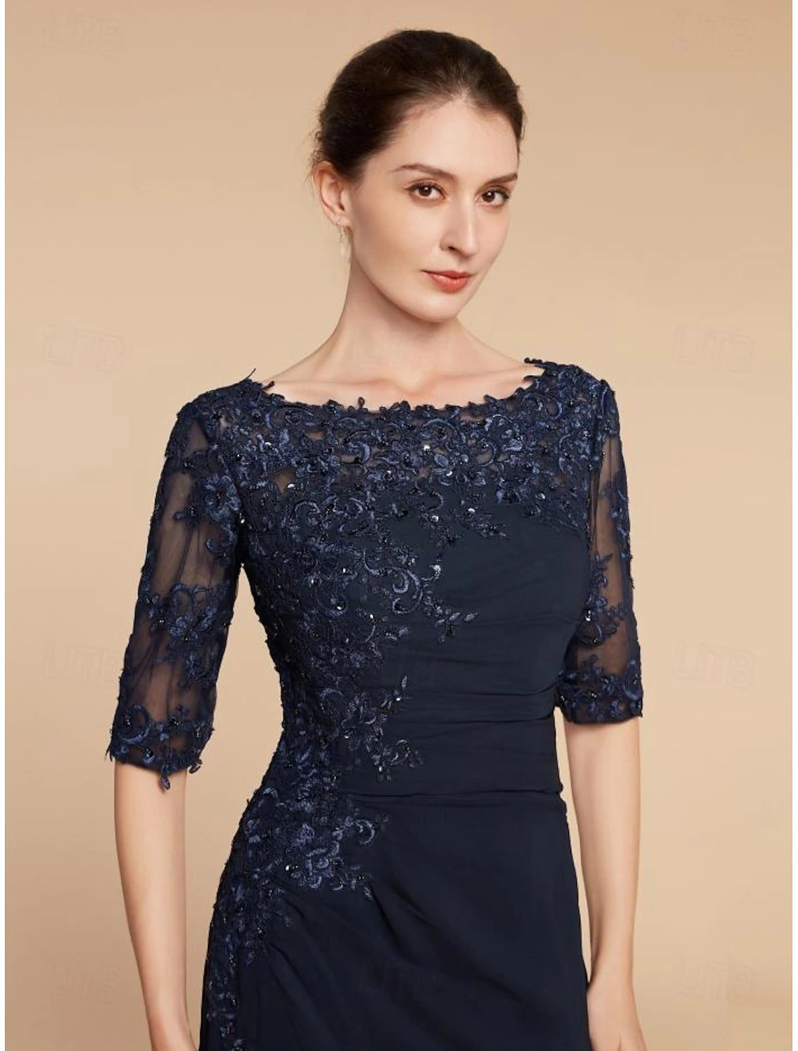 Column Wedding Guest Elegant Scoop Neck Ankle Length Chiffon Lace Half Sleeve with Sequin Solid Color Mother of the Bride Dress 