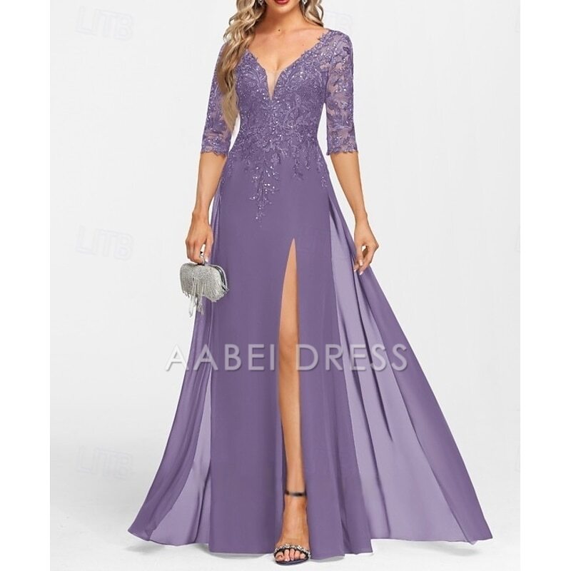 AABEI DRESS Wedding Guest Dress Exquisite A-Line V Neck Half Sleeve with Appliques Split Front Floor Length Mother of the Bride Dress