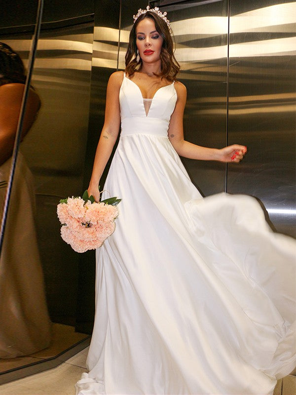 A-Line/Princess Woven Satin Spaghetti Straps Ruffles Sleeveless Sweep/Brush Train Wedding Dresses