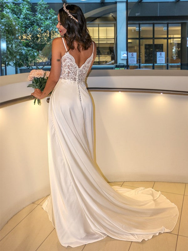 A-Line/Princess Woven Satin Spaghetti Straps Ruffles Sleeveless Sweep/Brush Train Wedding Dresses
