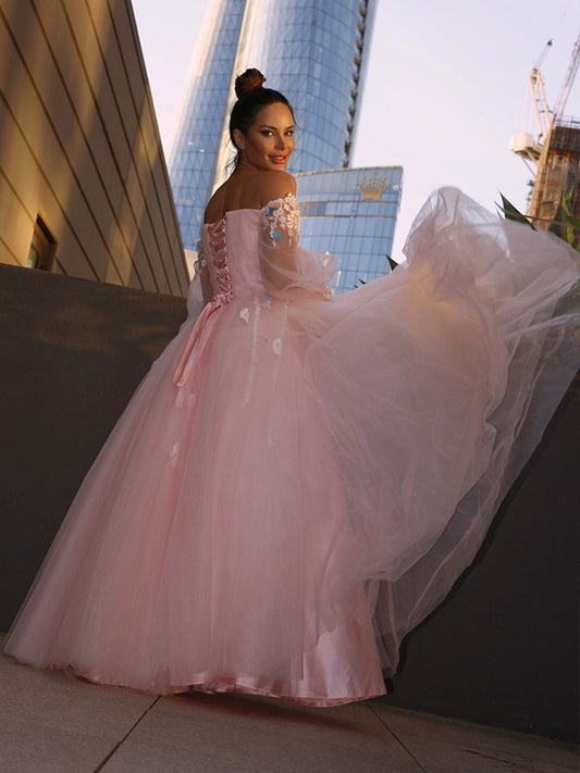 Ball Gown Hand-Made Flower Tulle Long Sleeves Off-the-Shoulder Floor-Length Dresses