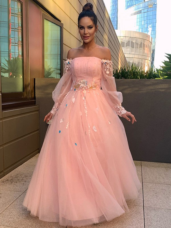 Ball Gown Hand-Made Flower Tulle Long Sleeves Off-the-Shoulder Floor-Length Dresses