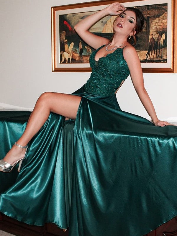 A-Line/Princess Woven Satin Applique V-neck Sleeveless Sweep/Brush Train Dresses