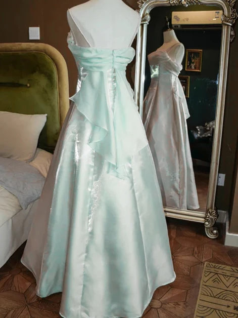 Mint Green Satin and Chiffon A-Line Cowl Neck Zipper Back Floor Length Dress - Aabei Dress